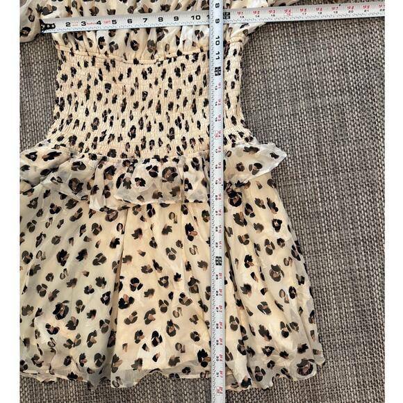LUXXEL Cheetah Print Blouson Sleeves Tered Smocked Ruffled Mini Dress L Coquette - Picture 7 of 7